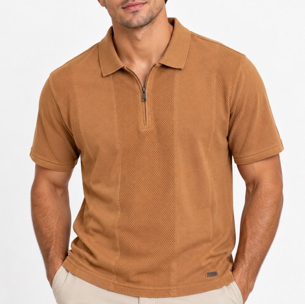 GUESS Mens Polo Shirt M Brown Tan Quarter Zip Textured Short Sleeve 100% Cotton